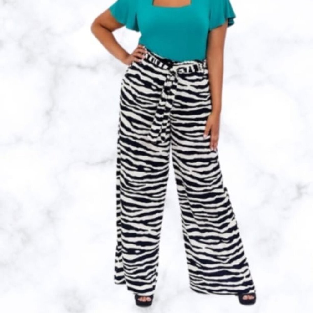 K Jordan Zebra Print Tie Waist Wide Leg Pants Size 1X